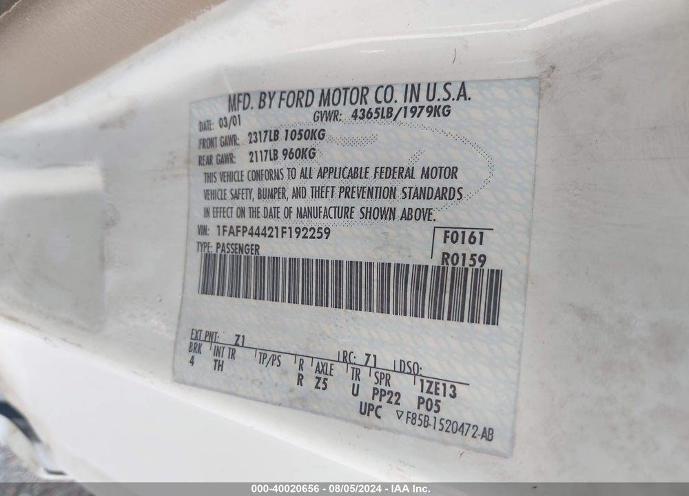 2001 FORD MUSTANG VIN: 1FAFP44421F192259