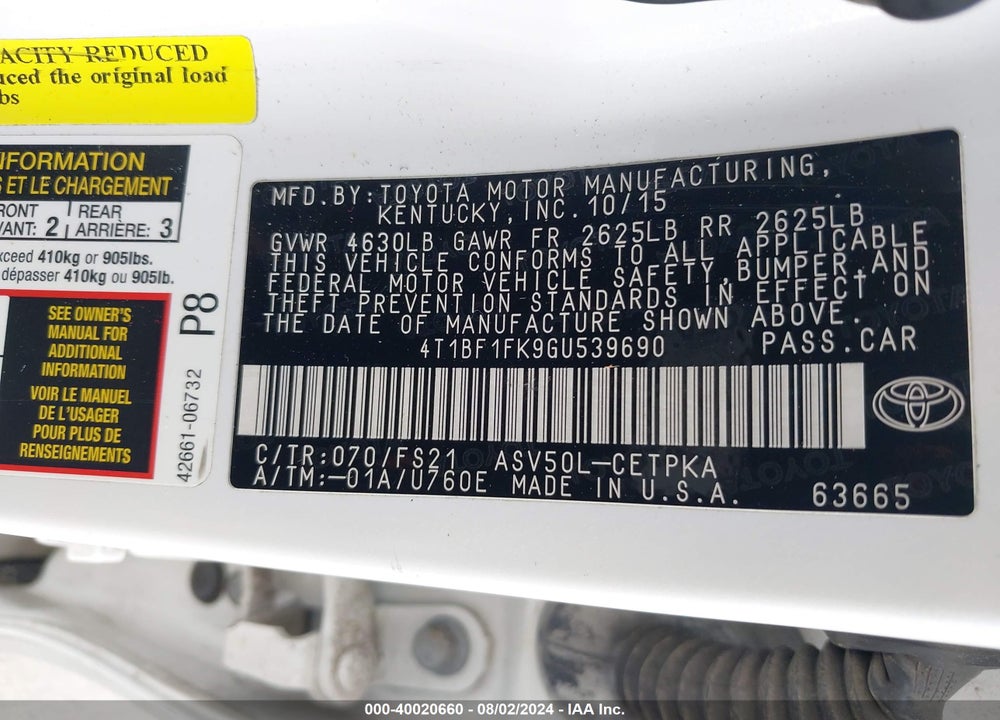 2016 TOYOTA CAMRY SE VIN: 4T1BF1FK9GU539690