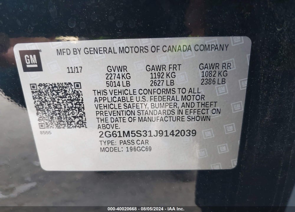 2018 CADILLAC XTS LUXURY VIN: 2G61M5S31J9142039