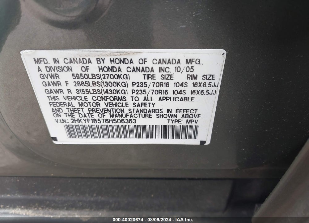 2006 HONDA PILOT EX-L VIN: 2HKYF18576H506363