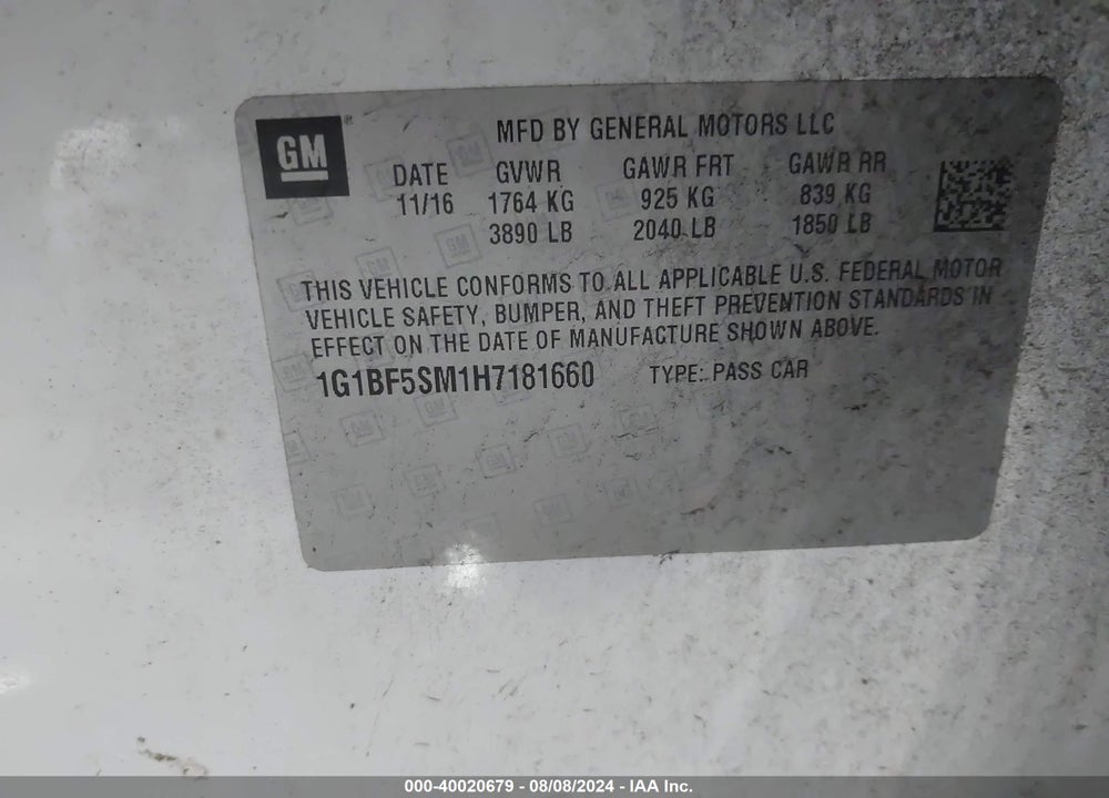 2017 CHEVROLET CRUZE PREMIER AUTO VIN: 1G1BF5SM1H7181660