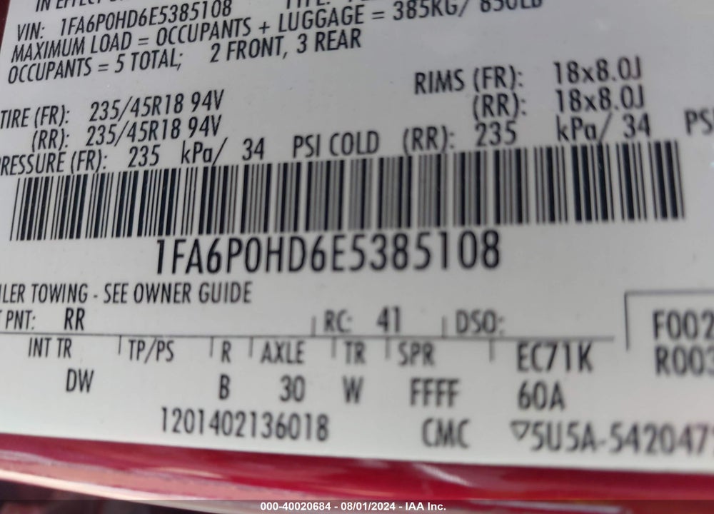 2014 FORD FUSION SE VIN: 1FA6P0HD6E5385108
