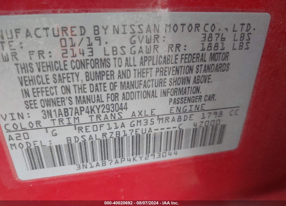 2019 NISSAN SENTRA SR VIN: 3N1AB7AP4KY293044