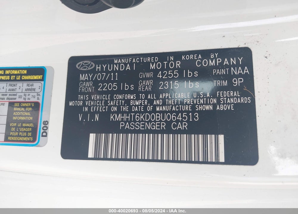 2011 HYUNDAI GENESIS 2.0T VIN: KMHHT6KD0BU064513