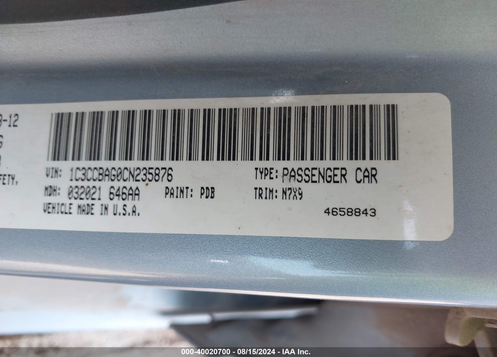 2012 CHRYSLER 200 LX VIN: 1C3CCBAG0CN235876