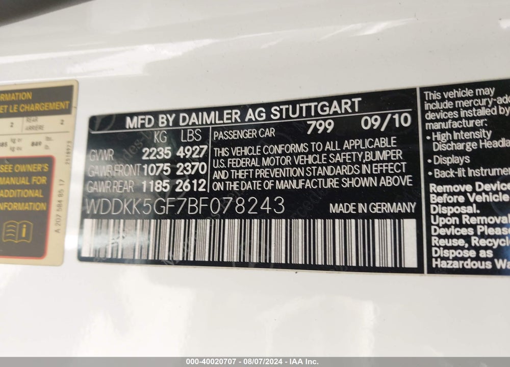 2011 MERCEDES-BENZ E 350 VIN: WDDKK5GF7BF078243