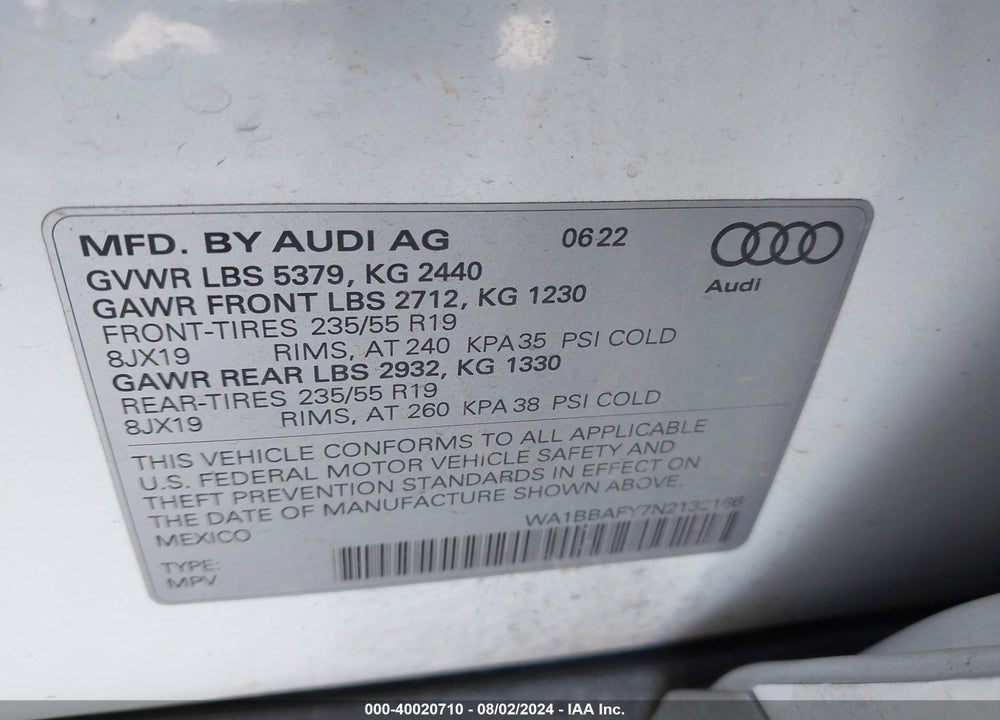 2022 AUDI Q5 PREMIUM PLUS 40 TFSI QUATTRO S TRONIC VIN: WA1BBAFY7N2132166