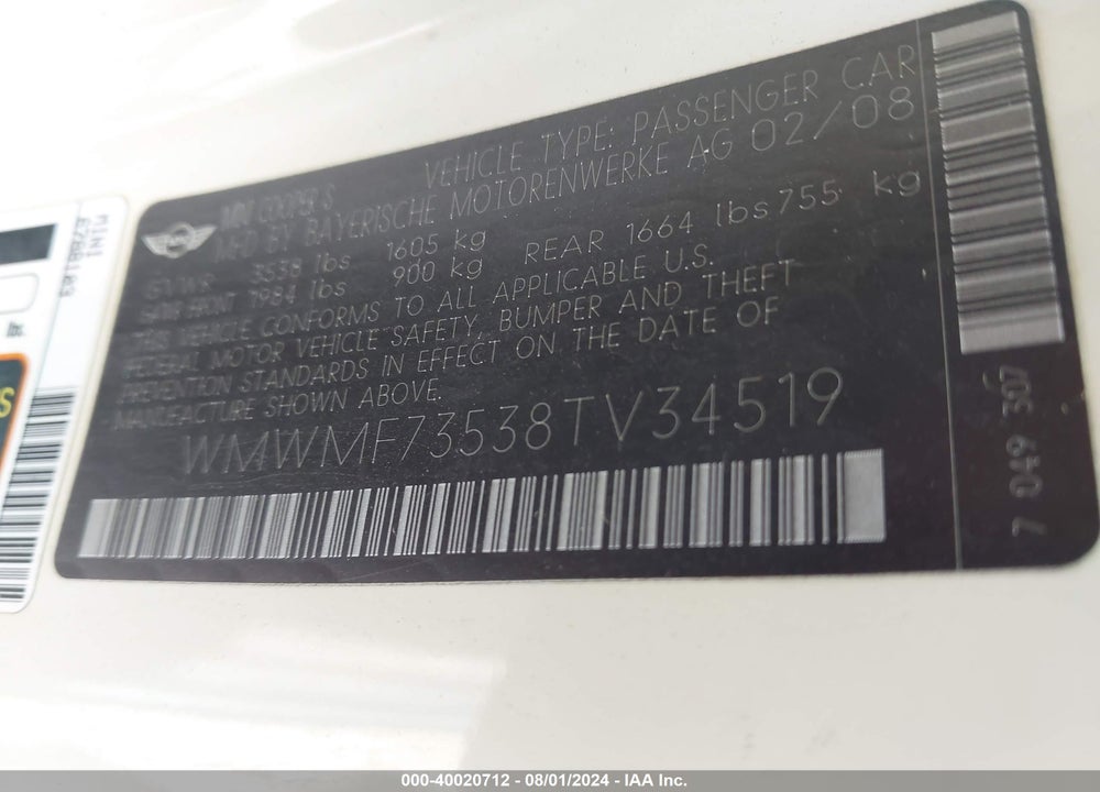 2008 MINI COOPER S VIN: WMWMF73538TV34519