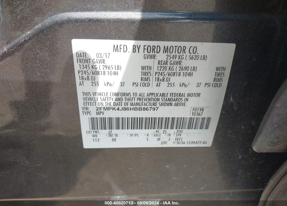 2017 FORD EDGE SEL VIN: 2FMPK4J86HBB86797