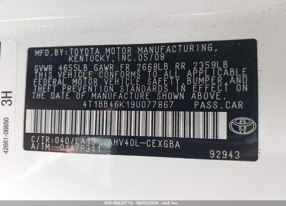 2009 TOYOTA CAMRY HYBRID VIN: 4T1BB46K19U077867