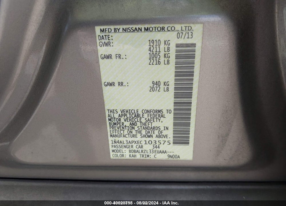 2014 NISSAN ALTIMA 2.5 S VIN: 1N4AL3APXEC103575