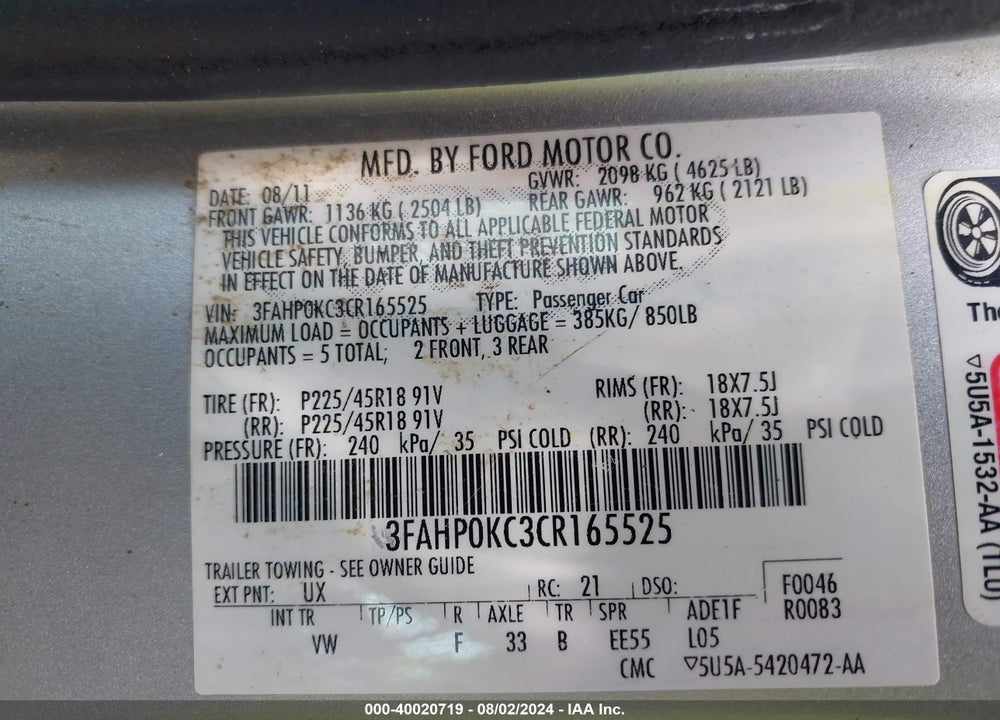 2012 FORD FUSION SPORT VIN: 3FAHP0KC3CR165525