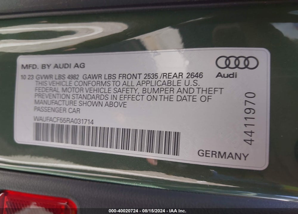 2024 AUDI A5 SPORTBACK PREMIUM PLUS 45 TFSI QUATTRO S TRONIC VIN: WAUFACF55RA031714