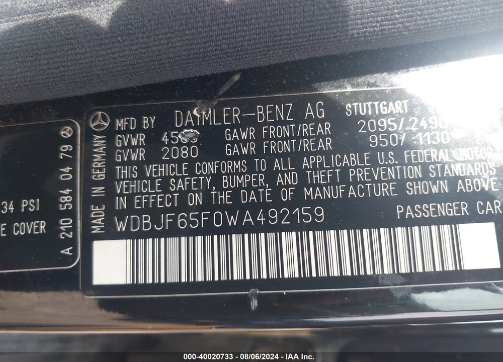 1998 MERCEDES-BENZ E 320 VIN: WDBJF65F0WA492159