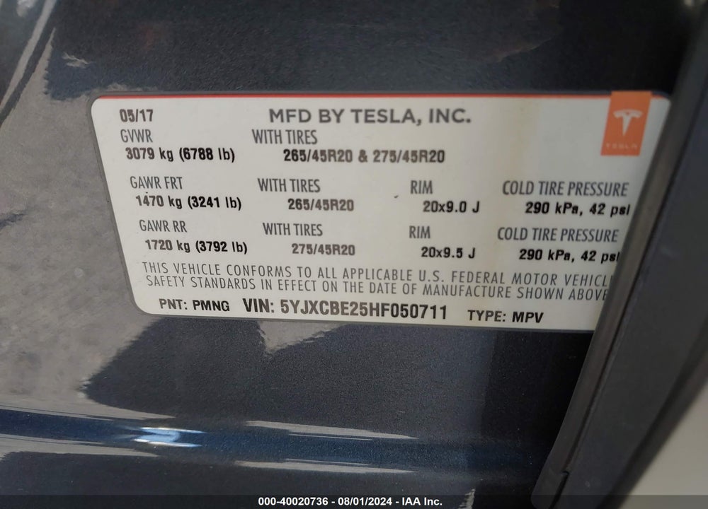 2017 TESLA MODEL X 100D/75D/90D VIN: 5YJXCBE25HF050711