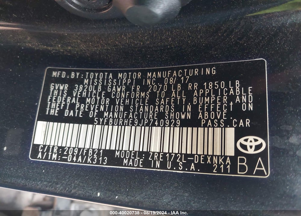 2018 TOYOTA COROLLA LE VIN: 5YFBURHE9JP740929