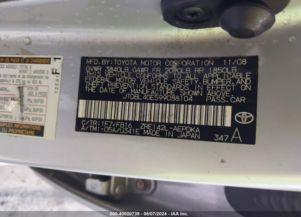 2009 TOYOTA COROLLA LE VIN: JTDBL40E599088104
