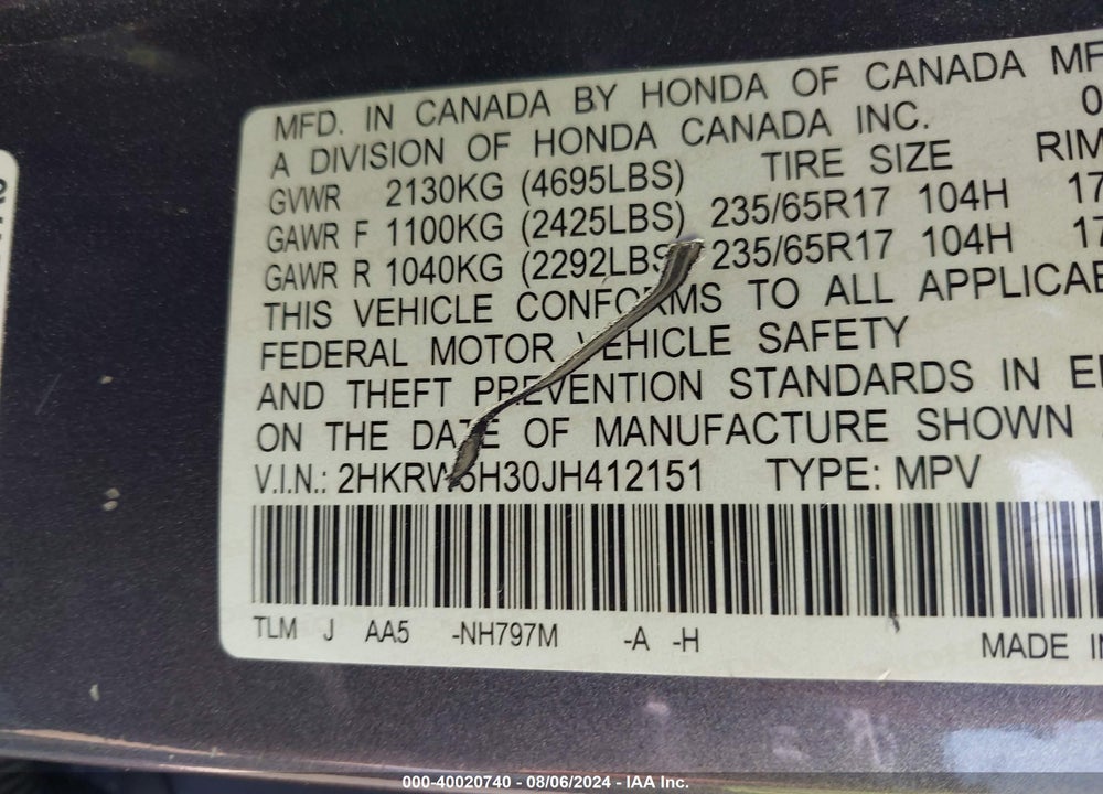 2018 HONDA CR-V LX VIN: 2HKRW5H30JH412151