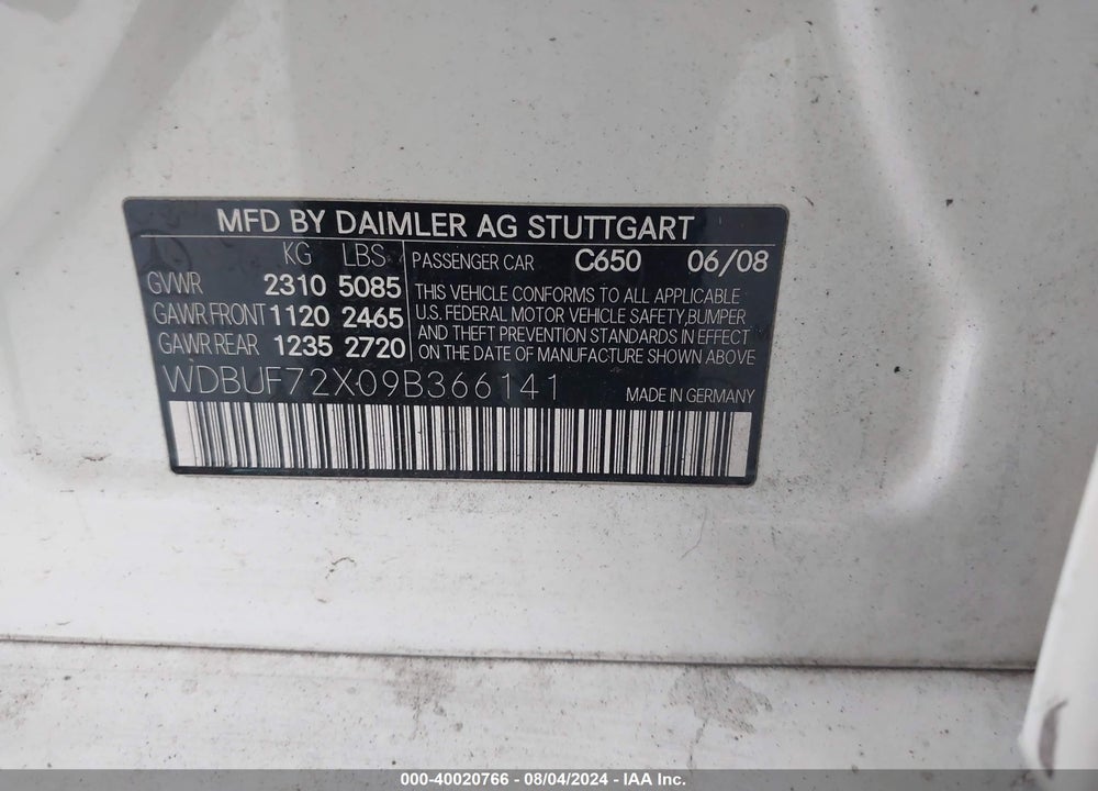 2009 MERCEDES-BENZ E 550 VIN: WDBUF72X09B366141