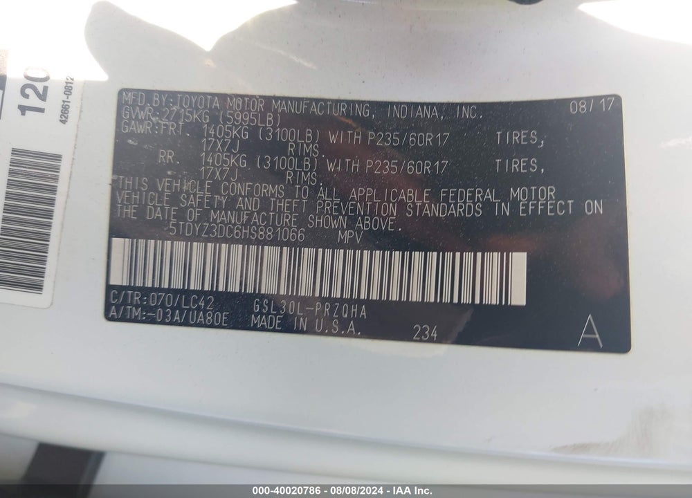 2017 TOYOTA SIENNA XLE 8 PASSENGER VIN: 5TDYZ3DC6HS881066