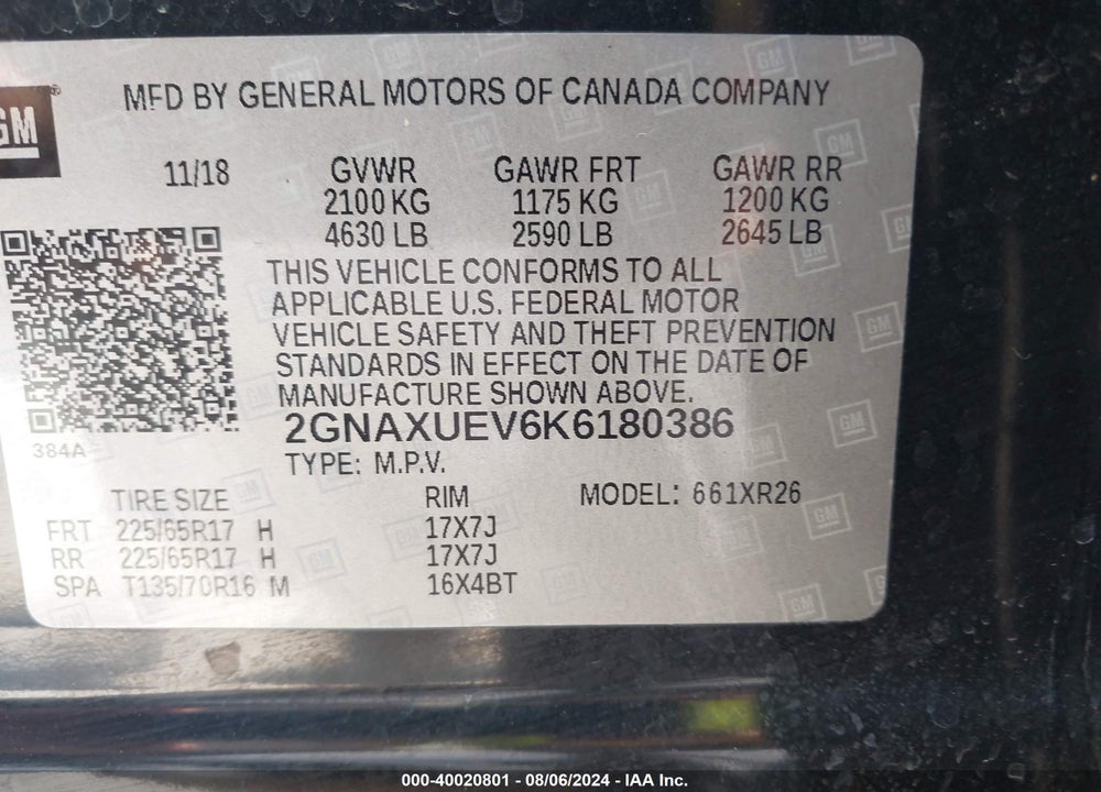 2019 CHEVROLET EQUINOX LT VIN: 2GNAXUEV6K6180386