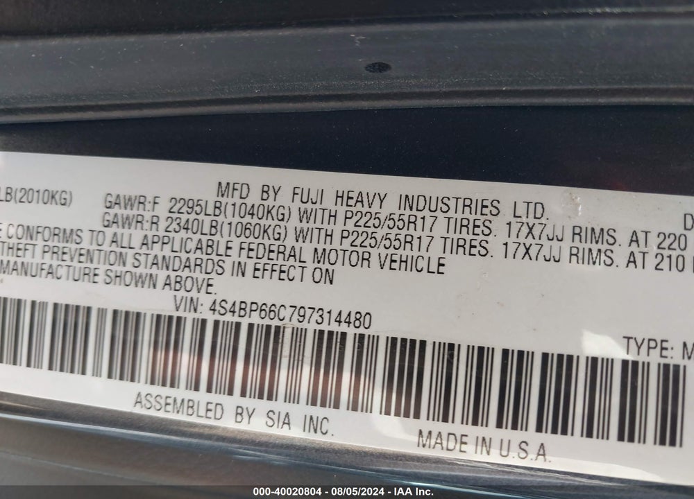 2009 SUBARU OUTBACK 2.5I LIMITED VIN: 4S4BP66C797314480