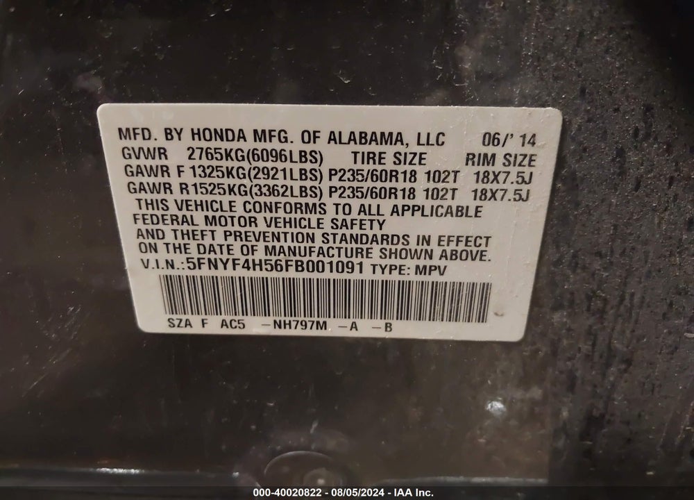 2015 HONDA PILOT EX-L VIN: 5FNYF4H56FB001091