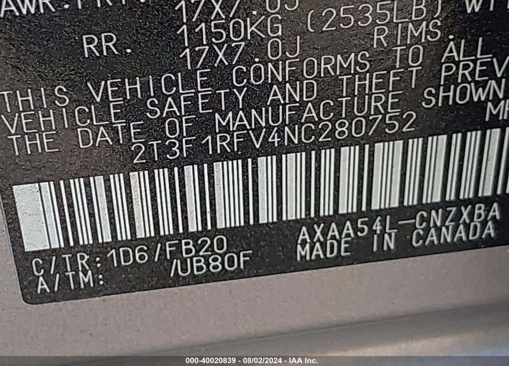 2022 TOYOTA RAV4 LE VIN: 2T3F1RFV4NC280752