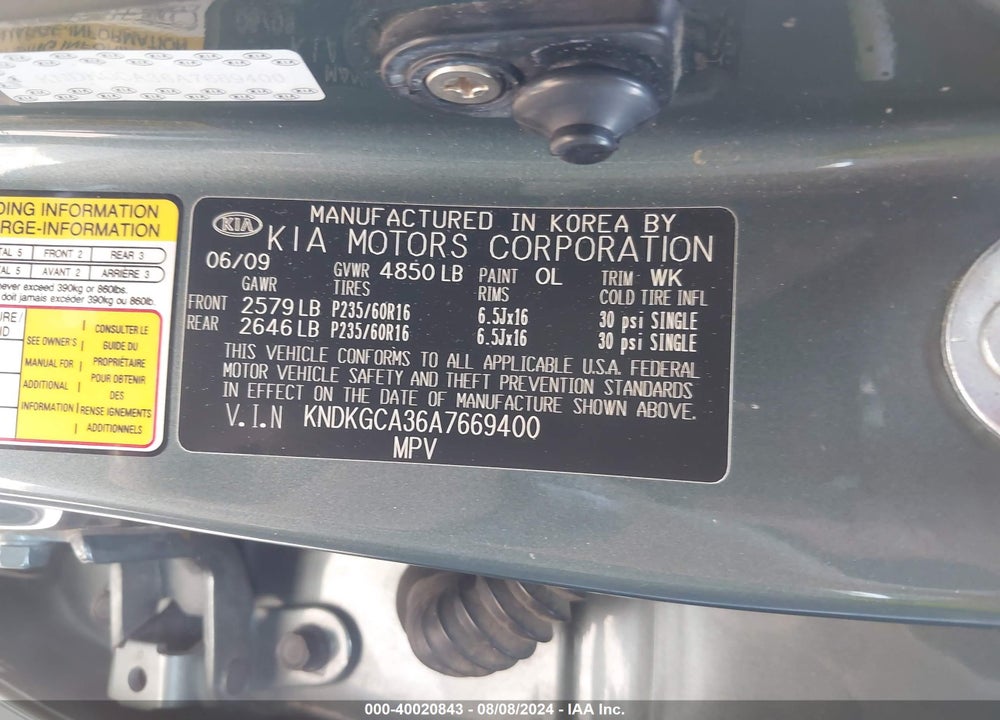 2010 KIA SPORTAGE LX V6 VIN: KNDKGCA36A7669400