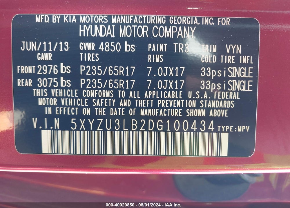 2013 HYUNDAI SANTA FE SPORT VIN: 5XYZU3LB2DG100434