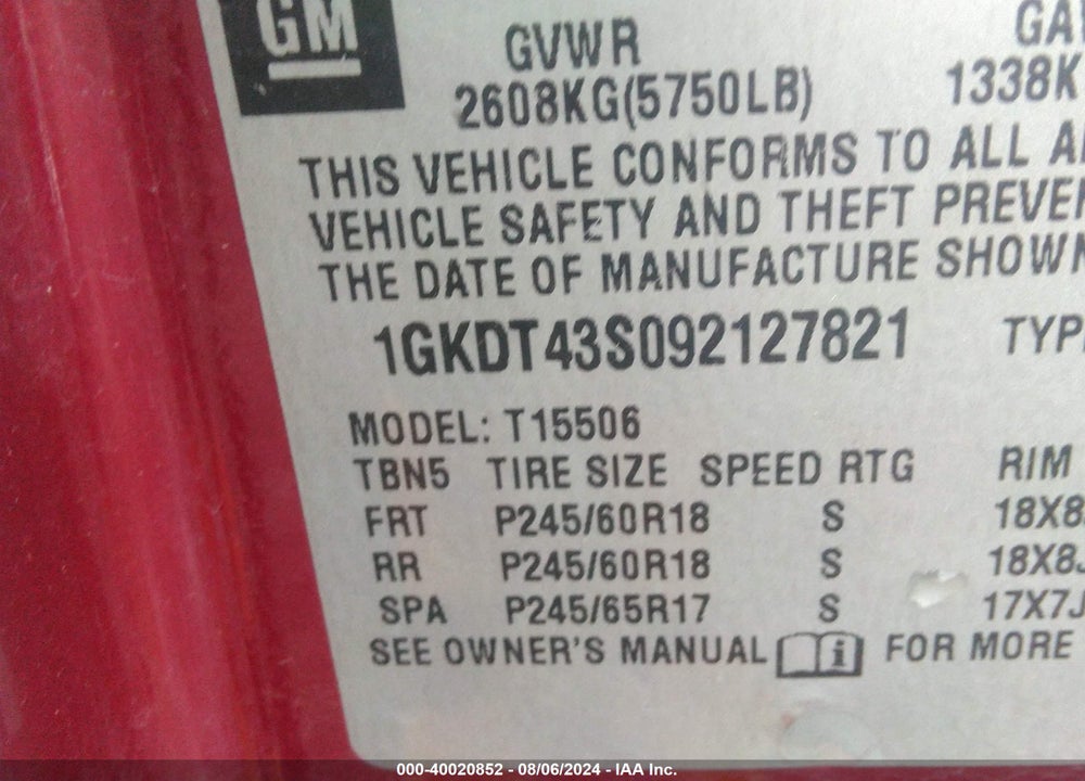 2009 GMC ENVOY SLT VIN: 1GKDT43S092127821