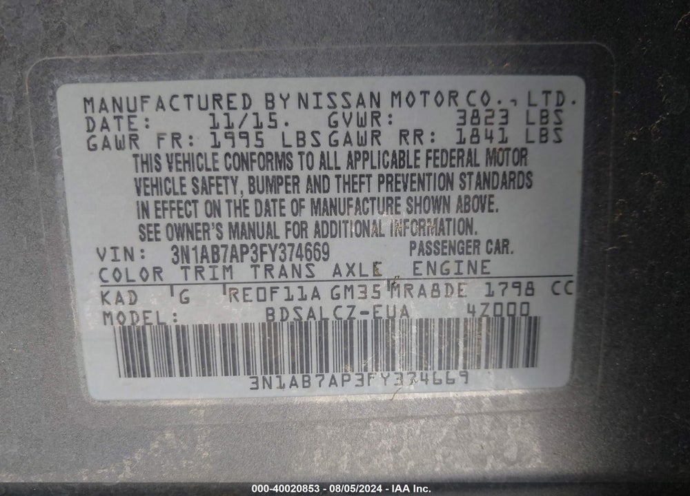 2015 NISSAN SENTRA S VIN: 3N1AB7AP3FY374669