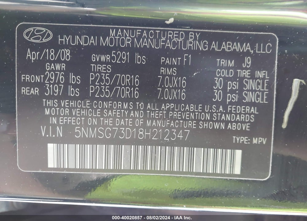 2008 HYUNDAI SANTA FE GLS VIN: 5NMSG73D18H212347