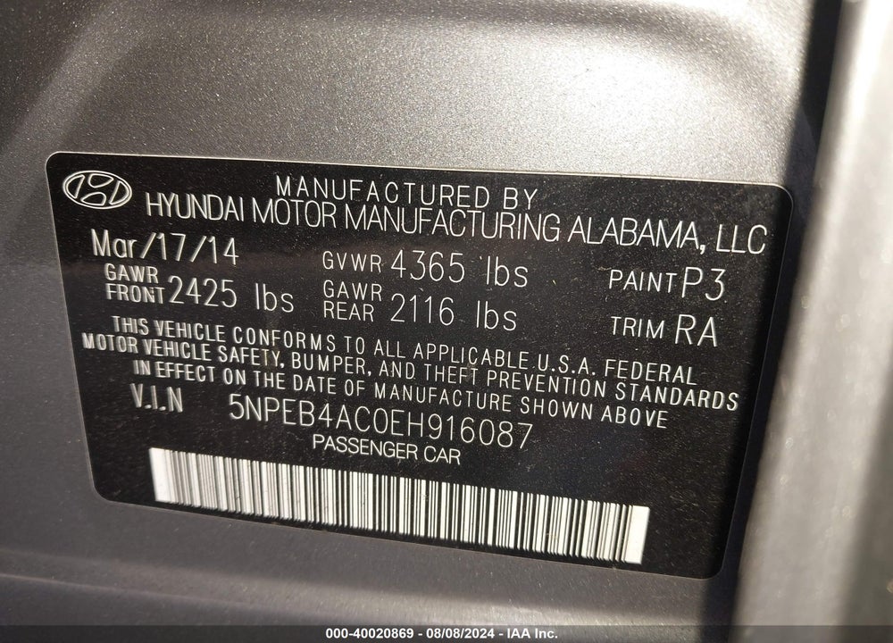 2014 HYUNDAI SONATA GLS VIN: 5NPEB4AC0EH916087