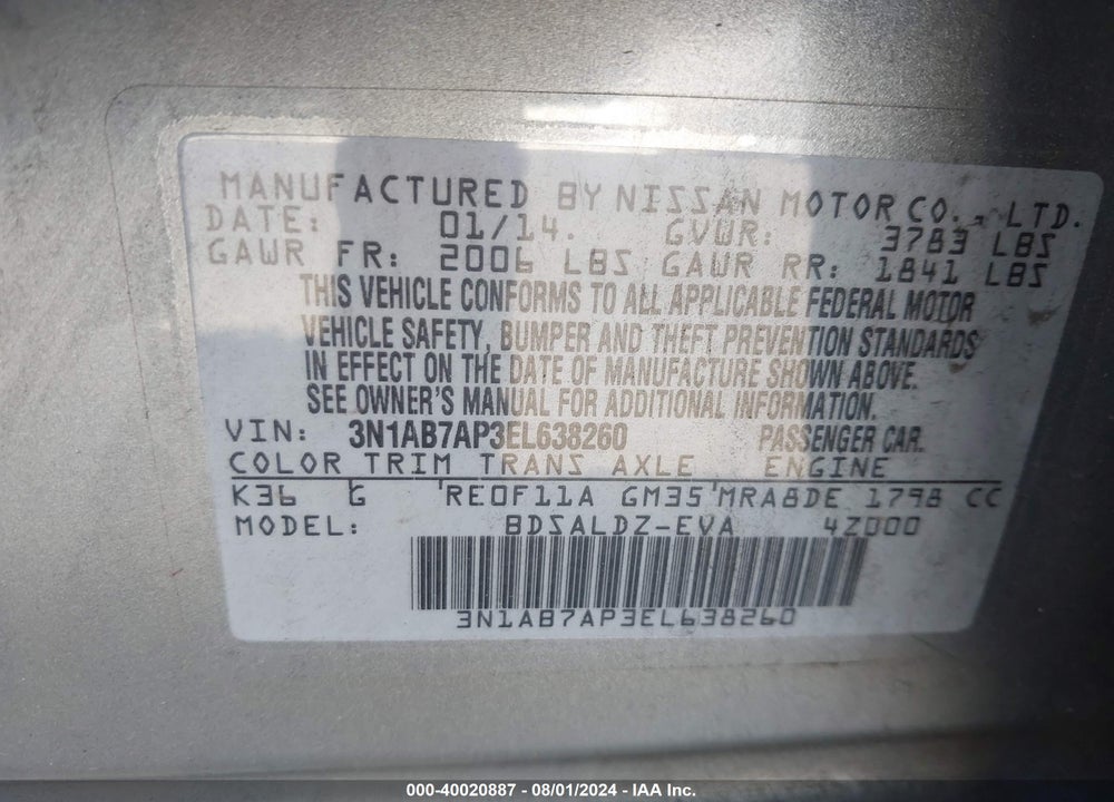 2014 NISSAN SENTRA SV VIN: 3N1AB7AP3EL638260