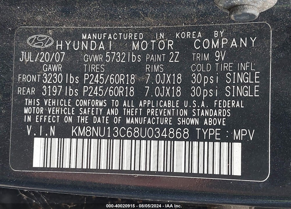 2008 HYUNDAI VERACRUZ GLS/LIMITED/SE VIN: KM8NU13C68U034868