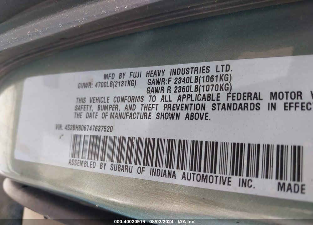 2004 SUBARU OUTBACK VIN: 4S3BH806747637520