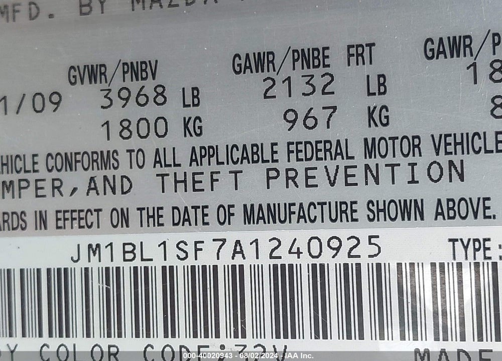 2010 MAZDA 3 I TOURING VIN: JM1BL1SF7A1240925