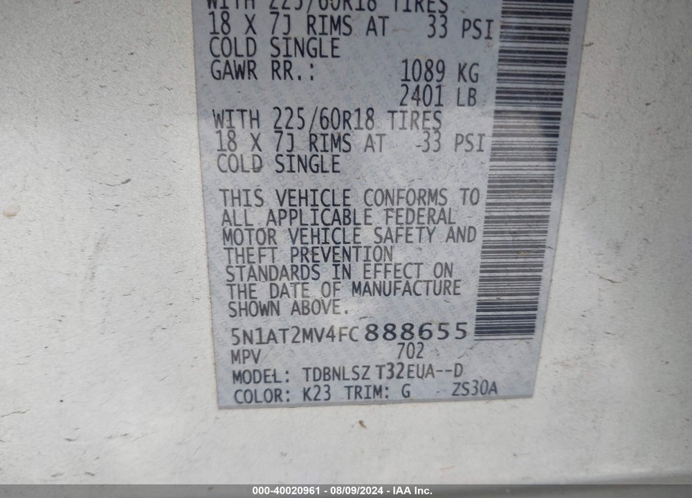 2015 NISSAN ROGUE SL VIN: 5N1AT2MV4FC888655