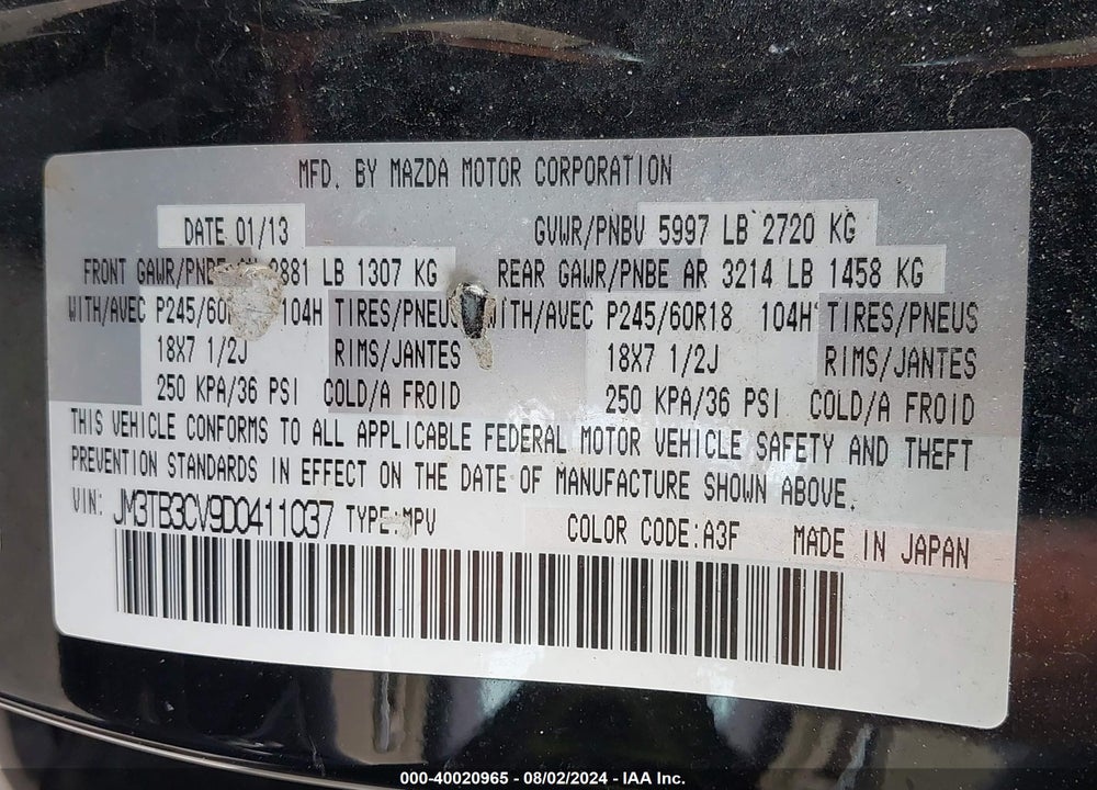 2013 MAZDA CX-9 TOURING VIN: JM3TB3CV9D0411037