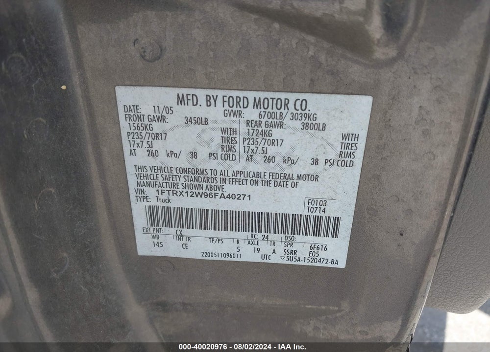 2006 FORD F-150 STX/XL/XLT VIN: 1FTRX12W96FA40271