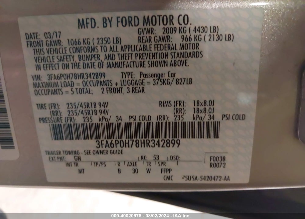 2017 FORD FUSION SE VIN: 3FA6P0H78HR342899