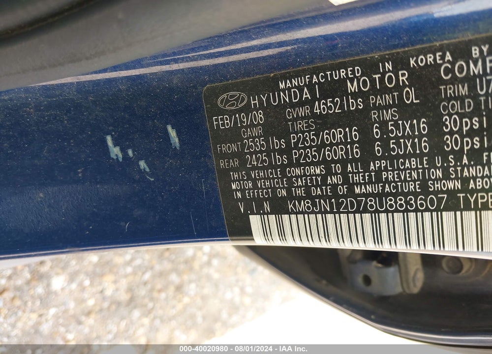 2008 HYUNDAI TUCSON LIMITED V6/SE VIN: KM8JN12D78U883607