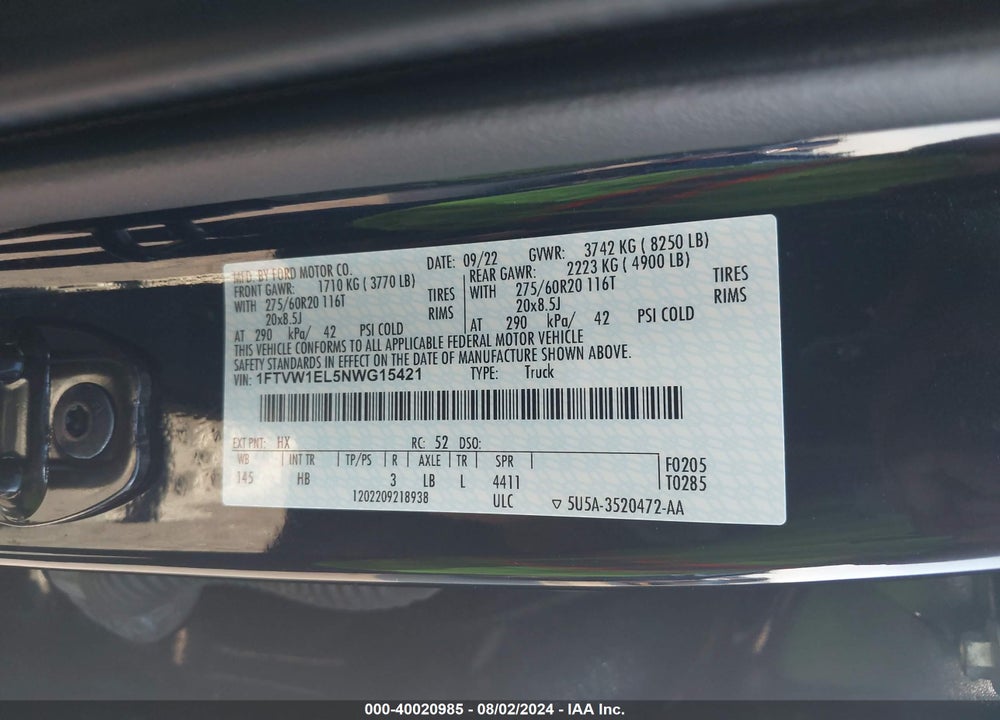 2022 FORD F-150 LIGHTNING LARIAT VIN: 1FTVW1EL5NWG15421