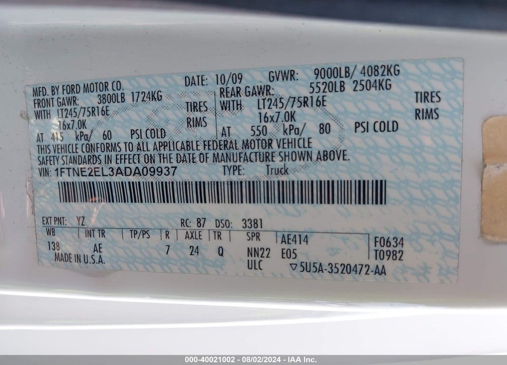 2010 FORD E-250 COMMERCIAL/RECREATIONAL VIN: 1FTNE2EL3ADA09937