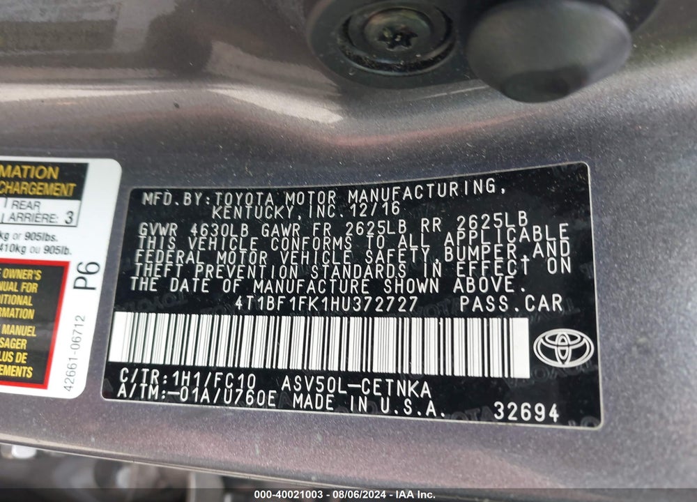 2017 TOYOTA CAMRY LE VIN: 4T1BF1FK1HU372727