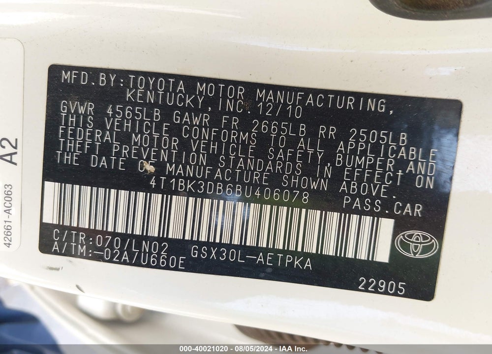2011 TOYOTA AVALON LIMITED VIN: 4T1BK3DB6BU406078