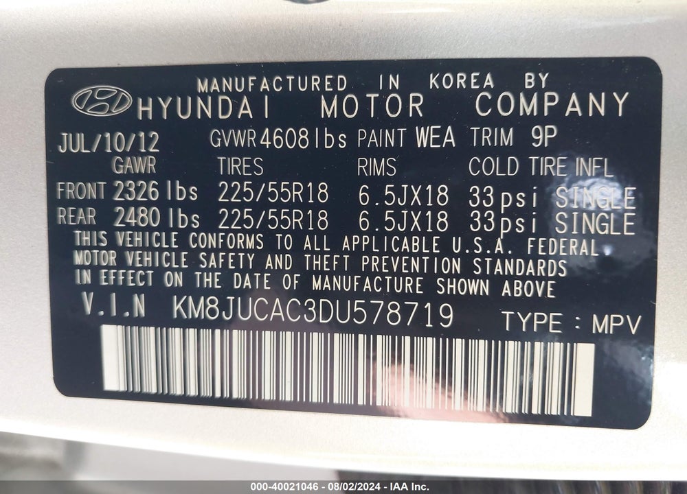 2013 HYUNDAI TUCSON LIMITED VIN: KM8JUCAC3DU578719