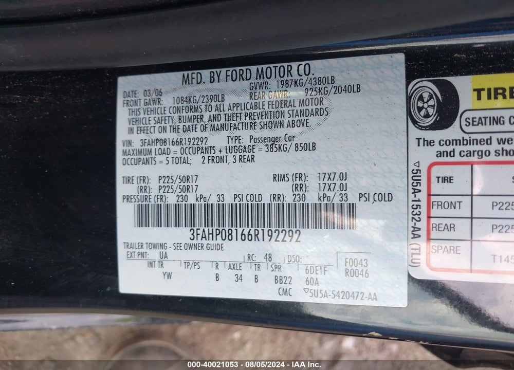 2006 FORD FUSION SEL VIN: 3FAHP08166R192292