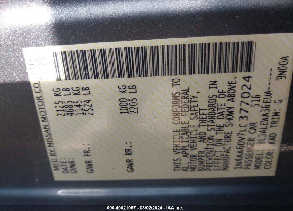 2020 NISSAN MAXIMA SL XTRONIC CVT VIN: 1N4AA6DV7LC377024